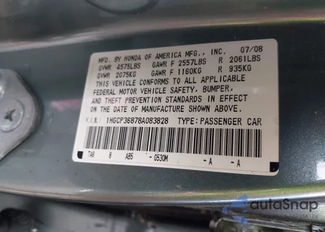 2008 Honda Accord 3.5 Ex-L z USA, uszkodzony, nr VIN 1HGCP36878A083828